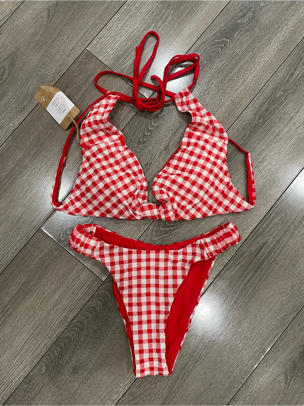Red Gingham Triangle Bikini Set - Classic Tie Halter